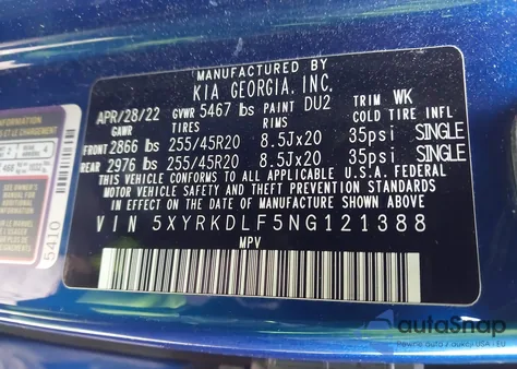 2022 Kia Sorento Sx z USA, uszkodzony, nr VIN 5XYRKDLF5NG121388